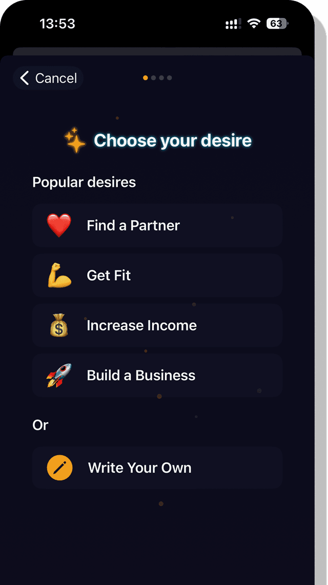 Becoming app - Choose your desire screen showing personalized options like Find a Partner, Get Fit, Increase Income
